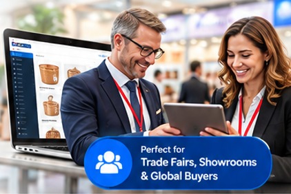 Business people using BookMyOrder on a laptop and tablet at a trade fair – perfect for trade fairs, showrooms and global buyers